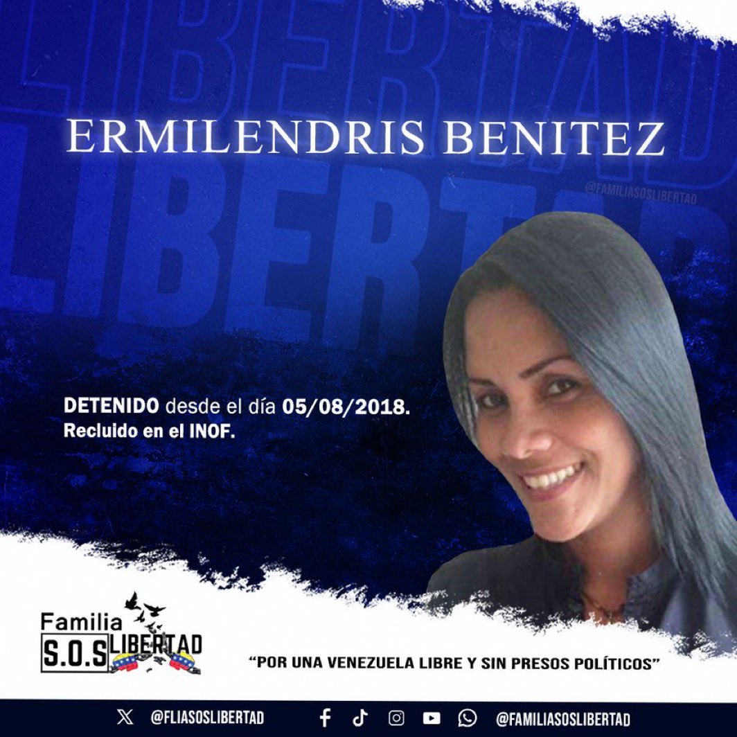 VR_VzlaLibre_3's tweet photo. LIBEREN a EMIRLENDRIS BENÍTEZ 

EXIGIMOS la LIBERTAD de los presos políticos civiles y militares 
#LiberenATodos 
Venezuela https://t.co/u5esjdJ8LF