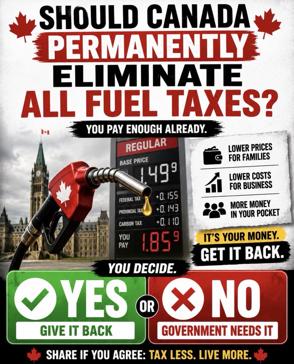 🚨🇨🇦 Should Canada permanently eliminate

ALL fuel taxes? 👇

🗳️

✅ YES - give it back

❌ NO - government needs it

Drop your answer below 🔁 🇨🇦