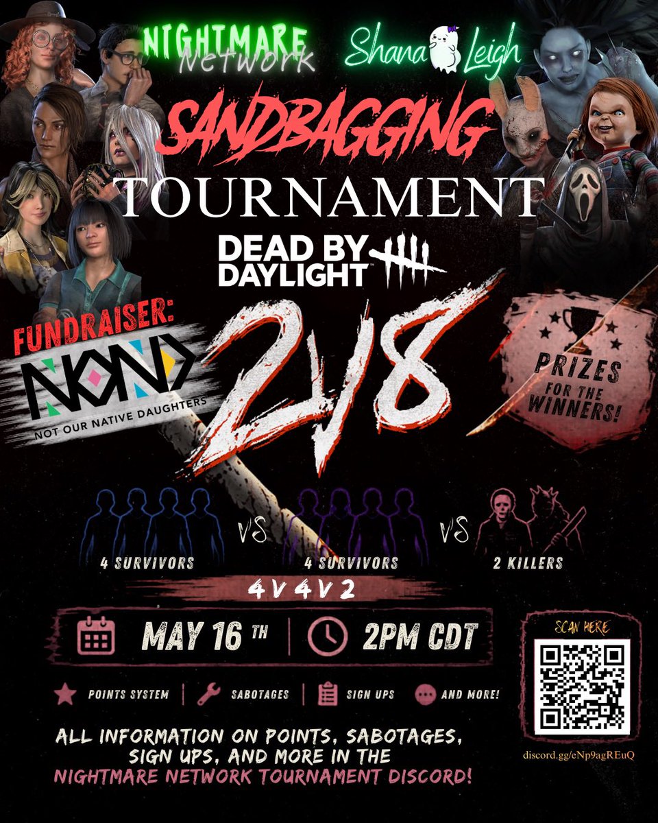 ShanaAgain's tweet photo. DBD fans, 2v8 lovers and haters, signups close Wednesday! 
Come register for our goofy tournament for charity. Join the tournament discord for more information or to ask questions! https://t.co/ORtfLCZw7P