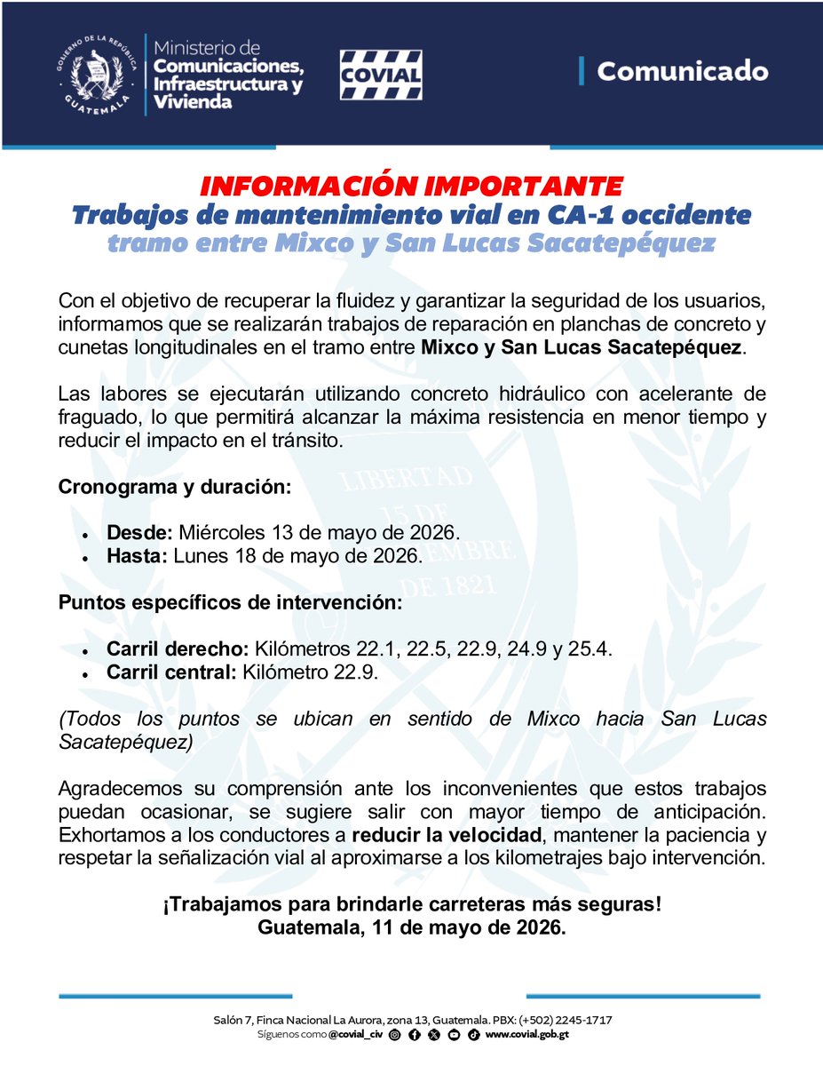 COVIAL_CIV's tweet photo. A partir de este miércoles 13 de mayo realizaremos reparaciones de planchas de concreto en la ruta CA-1 occidente, con sentido de Mixco a San Lucas Sacatepéquez. ¡Entérate de más detalles en el siguiente comunicado! 👇 

#AlPuebloDignoSeLeResponde https://t.co/S3m3NNHn0c