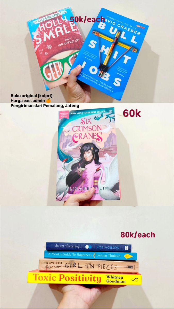 estersy_'s tweet photo. wts buku novel koleksi pribadi the maidens, six crimson cranes, bullshit jobs, iblis di pekarangan, the secret garden 

Link Pembelian:
https://t.co/rv9cRzY80Z https://t.co/Myls1qE02P