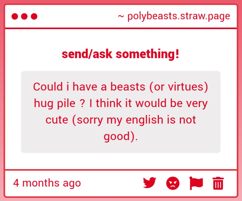 polybeasts's tweet photo. 1/2. CUTE!!!! @strawberryills
I'm assuming YOU'RE responsible for that first one? so cute

3. EVENTUALLY . we're impossibly slow even though we love requests

4. 4 months old... So Sorry.. Probably!!! we like the idea a lot it's super cute so it'll probably get done at some point https://t.co/cfRUnjaQSE