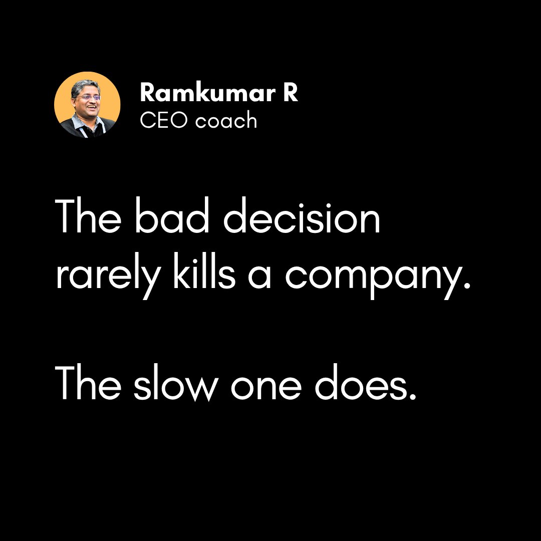 ramsabode's tweet photo. Being right too late is the same as being wrong.

Most leaders know this in their gut.
They still wait.

You sit on the decision for three months.
You want more data.
You want everyone to agree.
You want to be sure.

Meanwhile, someone else tried it.
Got it wrong.
Fixed it.
Tried again.

They're not smarter.
They're just three moves ahead of you now.

The winner is usually whoever learns the fastest.
And learning doesn't happen in meetings.
It happens after you try the thing.

The tightness before the board call.
The week you put off the decision again.
Those aren't signs to wait.
They're signs you care.
Move anyway.

That's the work I do with CEOs.
1:1 coaching for CEOs hitting a ceiling they can't name.
Before thinking too long costs you the market.

DM me if this sounds familiar.

♻️ Found this helpful? Share/repost to help your network.
🔔 Follow me for more leadership insights.