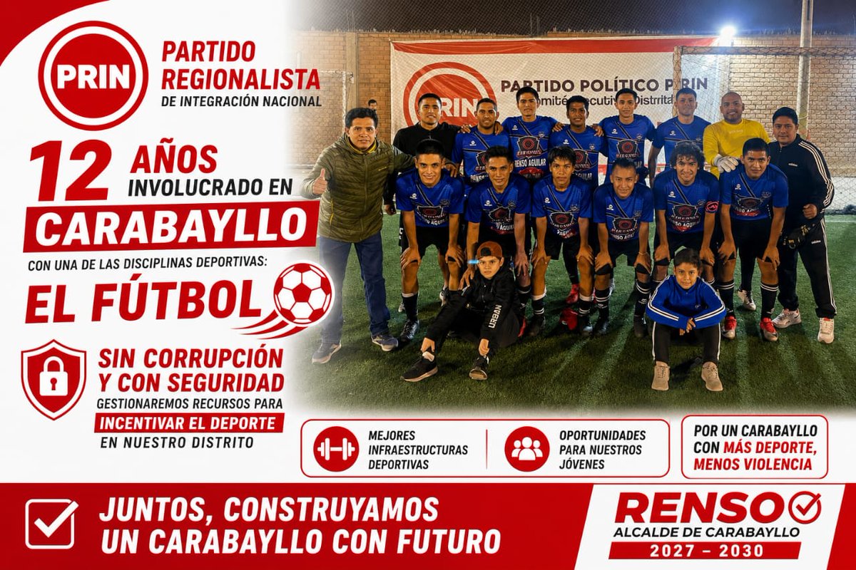 PRINCarabayllo's tweet photo. ⚽ 12 años trabajando por el deporte en Carabayllo.
No es promesa, es compromiso.
🔴 Sin corrupción
🔴 Con seguridad
🔴 Más deporte, menos violencia
Vamos por más oportunidades para nuestros jóvenes.
Renso Alcalde 2027–2030
#Carabayllo #MásDeporteMenosViolencia #SinCorrupción https://t.co/0qq7k5aCHS