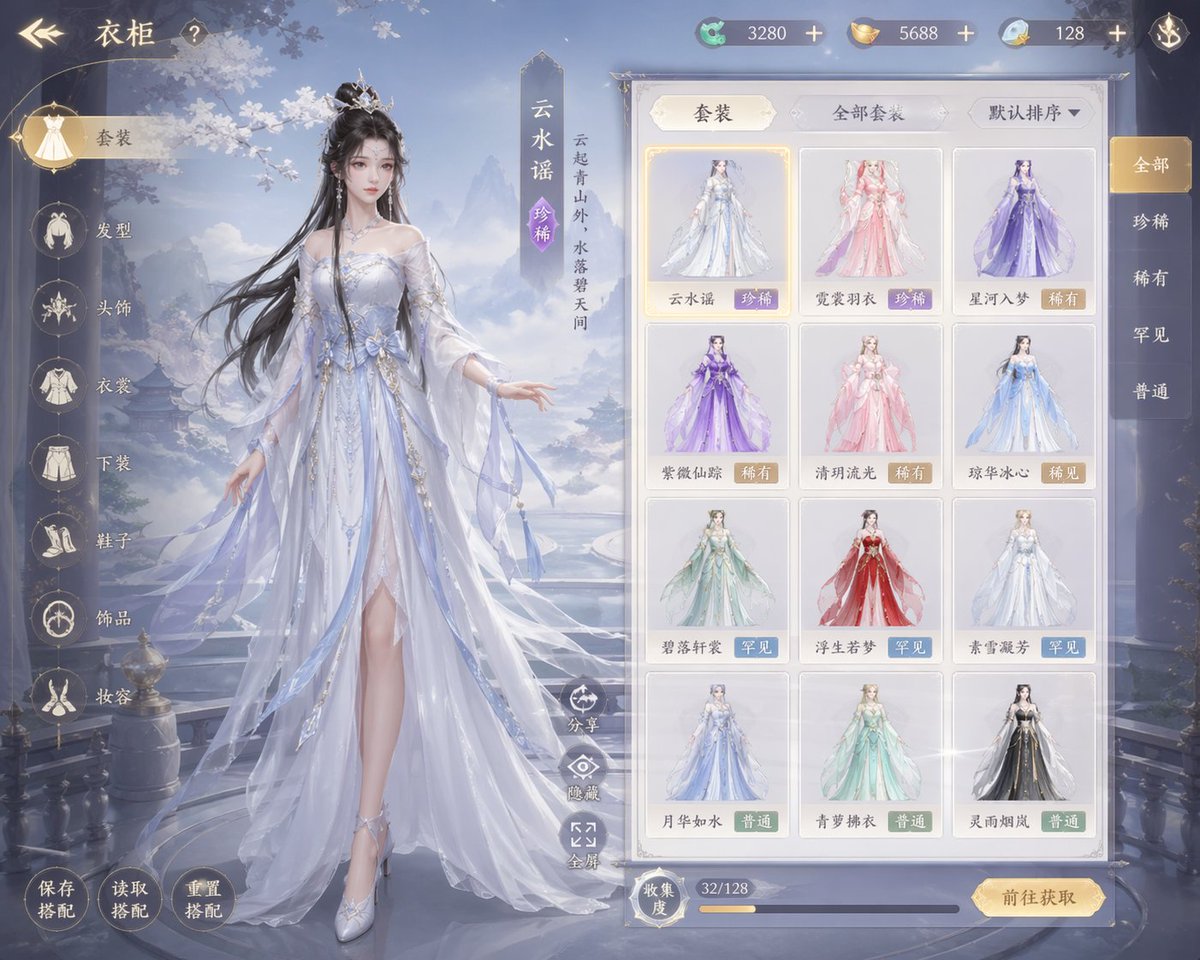 Mrpinecone888's tweet photo. GPT Image 2提示词：
换装游戏界面，古装仙侠风女角色，衣柜选装面板 https://t.co/Sco87aU4rE