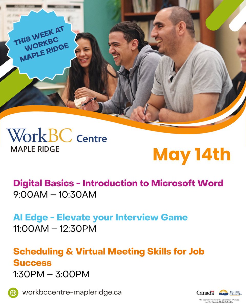 WorkBC_MRidge's tweet photo. This week at WorkBC Maple Ridge we've got some great FREE workshops available for job seekers! 🌟

Register for free on Eventbrite: https://t.co/RwbYURVzwq https://t.co/9reQkyubiQ