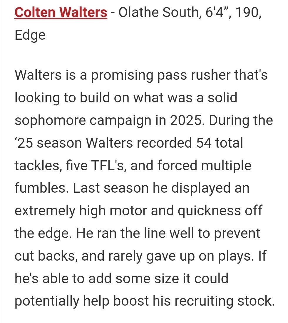 ColtenWalters28's tweet photo. Thanks @BernalPRZKs for the write up and @PrepRedzoneKS for the ranking
@ElevateRecruits @jeremycrabtree @ReedHoward @OSFalconFB @ADMillerOS https://t.co/dINXxkil8k