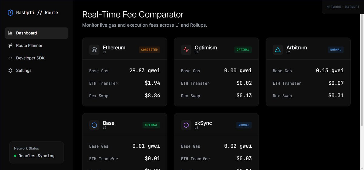 da_darkvoid's tweet photo. I’ve been vibecoding non-stop for weeks… 
and I just built something that’s going to save you a fortune on gas.

If you’re bridging, swapping, or minting on Ethereum + L2s, you’re bleeding money every single time because of dumb default routes.

I built Gas Fee Optimizer & Router — my personal routing layer that automatically finds the cheapest, most secure path across every major L2.
I’m cutting small-tx costs by 50–95% with smart batching + calldata compression.

Here’s exactly what I shipped 👇

1️⃣ The ProblemManually checking gas across Arbitrum, Optimism, Base, zkSync etc. is painful. Wallets always pick the expensive “standard” route. You lose real money on every transaction.

2️⃣ My Solution: Predictive Routing EngineI created a real-time microservice that scans mempool + sequencer + relayer data before you confirm anything. It instantly compares Direct L2 vs Bridge → L2 vs L1 fallback… and picks the absolute cheapest route for you.

3️⃣ Batching + Calldata MagicRollups charge based on L1 data size. I intelligently batch operations and compress calldata to shrink your tx footprint — that’s where the 90%+ savings hit.

4️⃣ Built for Builders (SDK in literally 3 lines)I made the SDK stupidly simple. Drop it into your dApp and your users get predictable micro-fees instantly. I handle all the simulation + execution.

5️⃣ Security Locked In  Cheap gas means nothing if you get sandwiched. Every tx I route goes through Flashbots-style MEV protection, private relayers, and strict slippage guards.

Roadmap (MVP already live)
✅ Arbitrum, OP, Base, zkSync 
🔹 Wallet plugins for 1-click routing 
🔹 Enterprise private relayers 
🔹 Gas sponsorship for dApps
My vision is dead simple: Gas and “which L2 is cheapest right now?” 
should never be your problem again. It should just work.

Early access to the dashboard + SDK is open right now.
If you’re tired of max gwei or you’re a dev who wants cheaper txs for your users 
→ https://t.co/ioNLwQRQbZ
Let’s kill expensive gas together 🔥