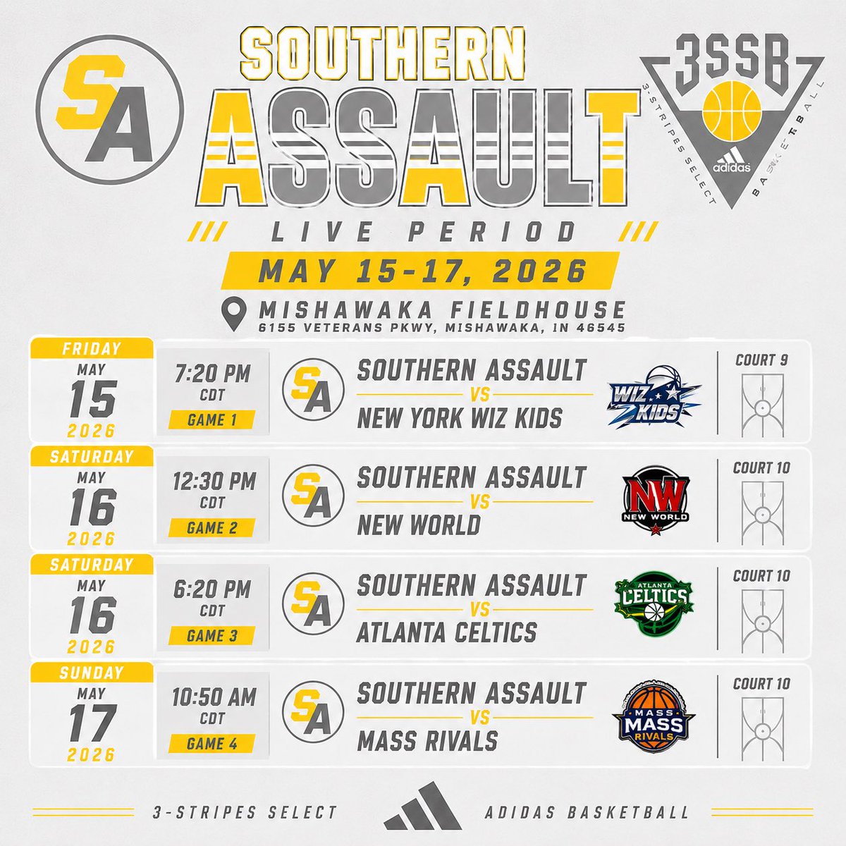DylanHoward35's tweet photo. 👀 My schedule for this weekend! 
✈️ 📍 Mishawaka, Indiana 🗓️ #Adidas3SSB #Adidaslive 
🏀🔥 
#3SSB #SouthernAssault #LivePeriod #AdidasBasketball 
@3SSBCircuit
@AssaultSouthern @coachdeal10 @coachvonzell1 
@chefdavis23
@coachSamScholl
@tysboogie21
@DJohnson712
@CoachMadry
@_DLew_
@tweety_carterBU
@PayneAndrus
@CoachCyprien
@TJ_Cleveland
@CoachJohnnyJ12
@dontemathis_
@Coach_KHunter
@CoachJoeGolding
@Yodes_TheZooWMU
@CoachSampsonUH
@CoachTJohnson_
@Coach_Al_Brooks
@ToddShelton3033
@CoachPluymen
@Coach_Keller12
@CoachHart32
@ZachSettembre
@COACHKJOHN
@Coach_Rose1
@Coach_CSM
@CoachHausHoops
@CoachAClaunch
@ShyroneChatman
@CoachTonyBarbee
@CoachDixon
@jarrett_clifton
@BretteTanner
@CoachKCBeard1
@CoachTownsend
@MacMcConnell6
@CoachVinayPatel
@cweitzel1
@Coach_OG_
@gasoblue
@gasotim
@gasomass
@GASOLyndon