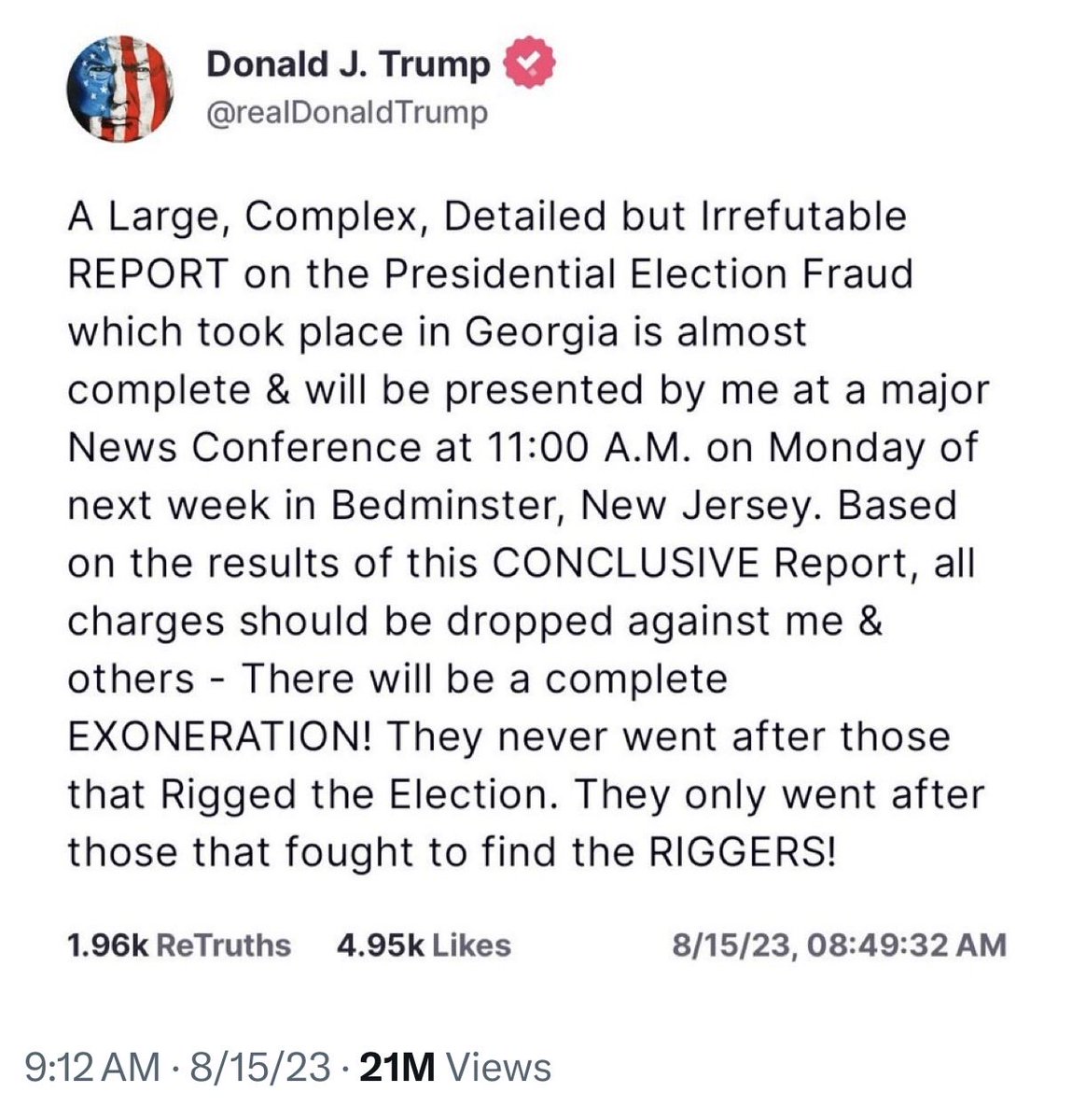 Real_RobN's tweet photo. Here is: 

Gov. Brian Kemp, on August 15, 2023, responded to President Trump’s Truth Social post about the 2020 presidential election by stating that nobody had come forward with evidence of election fraud.

Not only a year and a half earlier, on February 18, 2022, more than 40,000 sworn affidavits were hand-delivered to him, detailing the overthrow of the United States government. On February 2, 2026, 2 years, 5 months, 18 days after FBI seized Fulton County’s counterfeit ballots. 

They were ready to lock him up. They are panicking. Take it straight to the bank.