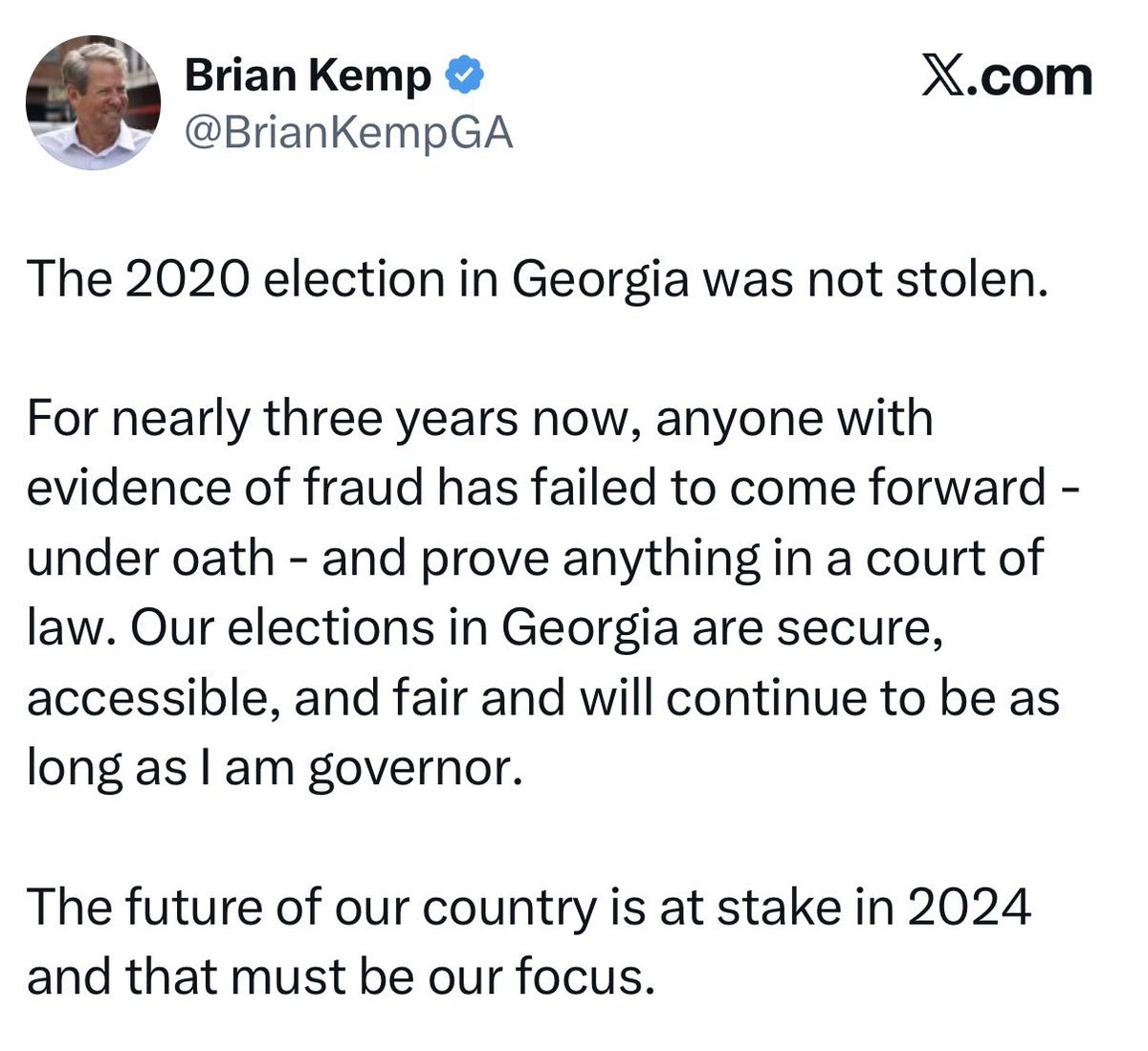 Real_RobN's tweet photo. Here is: 

Gov. Brian Kemp, on August 15, 2023, responded to President Trump’s Truth Social post about the 2020 presidential election by stating that nobody had come forward with evidence of election fraud.

Not only a year and a half earlier, on February 18, 2022, more than 40,000 sworn affidavits were hand-delivered to him, detailing the overthrow of the United States government. On February 2, 2026, 2 years, 5 months, 18 days after FBI seized Fulton County’s counterfeit ballots. 

They were ready to lock him up. They are panicking. Take it straight to the bank.