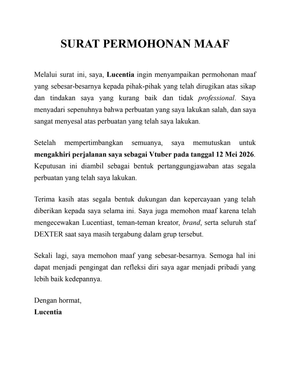 Selamat pagi semuanya. Berikut adalah permohonan maaf saya atas kabar yang beredar mengenai saya. Saya sangat amat menyesal atas perbuatan yang telah saya lakukan.