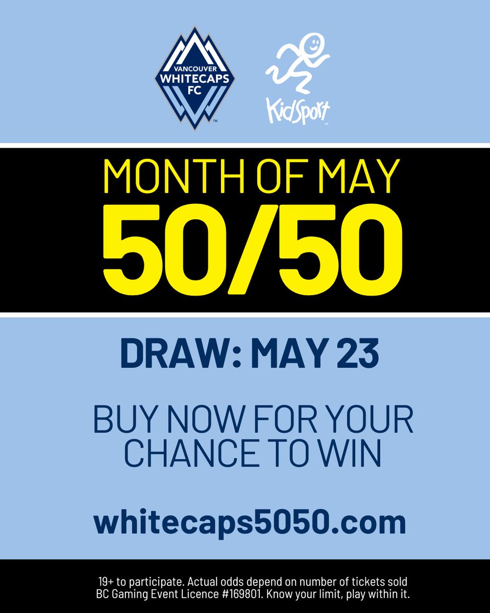 KidSportBC's tweet photo. Our Month of May 50/50 is underway while the Whitecaps are on the road — and every ticket purchased helps more kids across BC get in the game through KidSport. 💙⚽

🎟️ Get your tickets now at https://t.co/Pej8bchuTW

#KidSport5050 #VWFC #SoALLKidsCanPlay https://t.co/NtOVUiGDU3