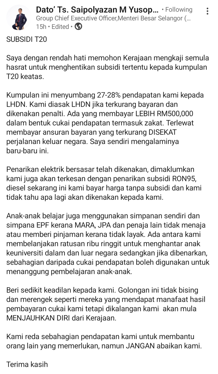 ZacZakirin13's tweet photo. Rakyat marhean agak susah nak nampak keluhan T20, sbb mereka jarang sgt mengeluh di medsos.

Point Dato @saipolyazan383 sampaikan ni adalah satu isu yg T20 terasa pd hari ni.

Mereka merupakan penyumbang cukai 1/4 kpd LHDN, tapi kena byk keluarkan duit sendiri utk tanggung anak belajar dan byk tak dpt subsidi.

Dia macam mana eh nak bagi analogi. Mcm HR menghukum high achievers dlm syarikat.

Apa pun, kerajaan perlu kelaskan balik takrif T20.