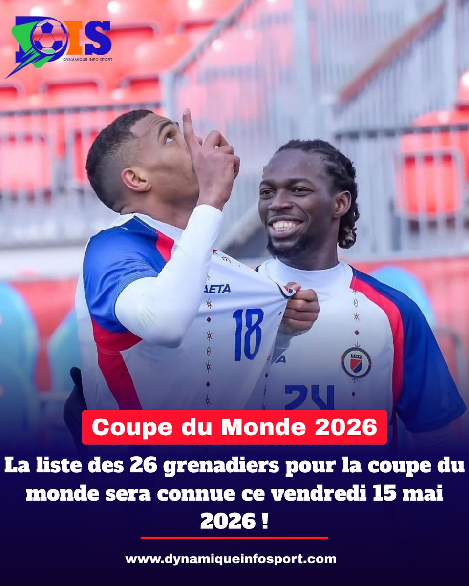 MeFernando96's tweet photo. La Fédération Haïtienne de Football tiendra une conférence de presse virtuelle ce vendredi 15 mai à 11h pour dévoiler la liste des 26 Grenadiers retenus pour la Coupe du Monde de la FIFA 2026. 🇭🇹🔥 https://t.co/lKwEWwA60l