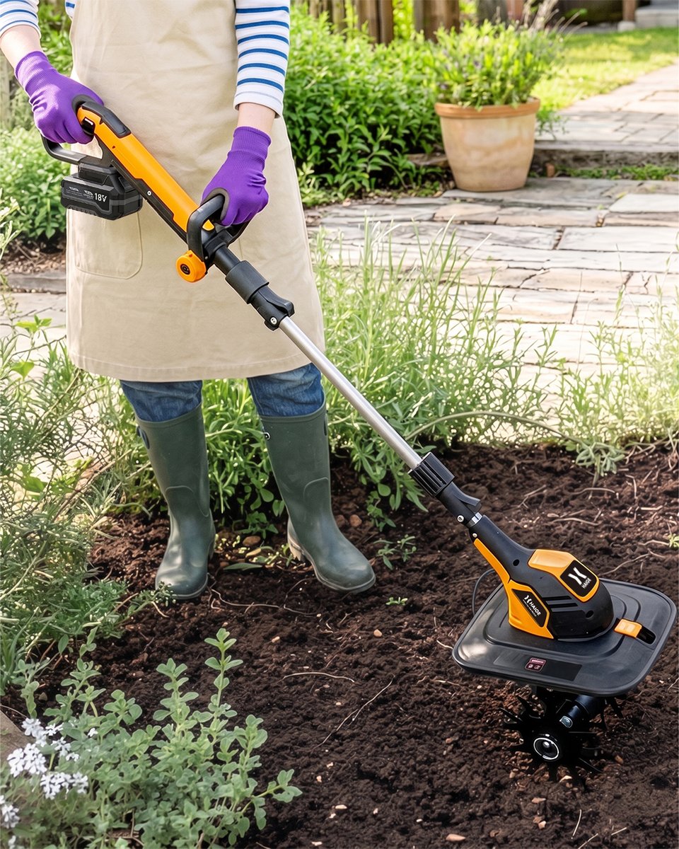haigeshop's tweet photo. ＼もう、鍬には戻れない！／

超軽量4.2kgのミニ耕運機HG-ETL1823🌱
マキタ18Vバッテリー対応で、操作もメンテも驚くほど簡単！
これ1台で家庭菜園の土が「ふわふわ」に変わります✨

#ハイガー #家庭菜園 #ガーデニング https://t.co/QMY0w4o3Af