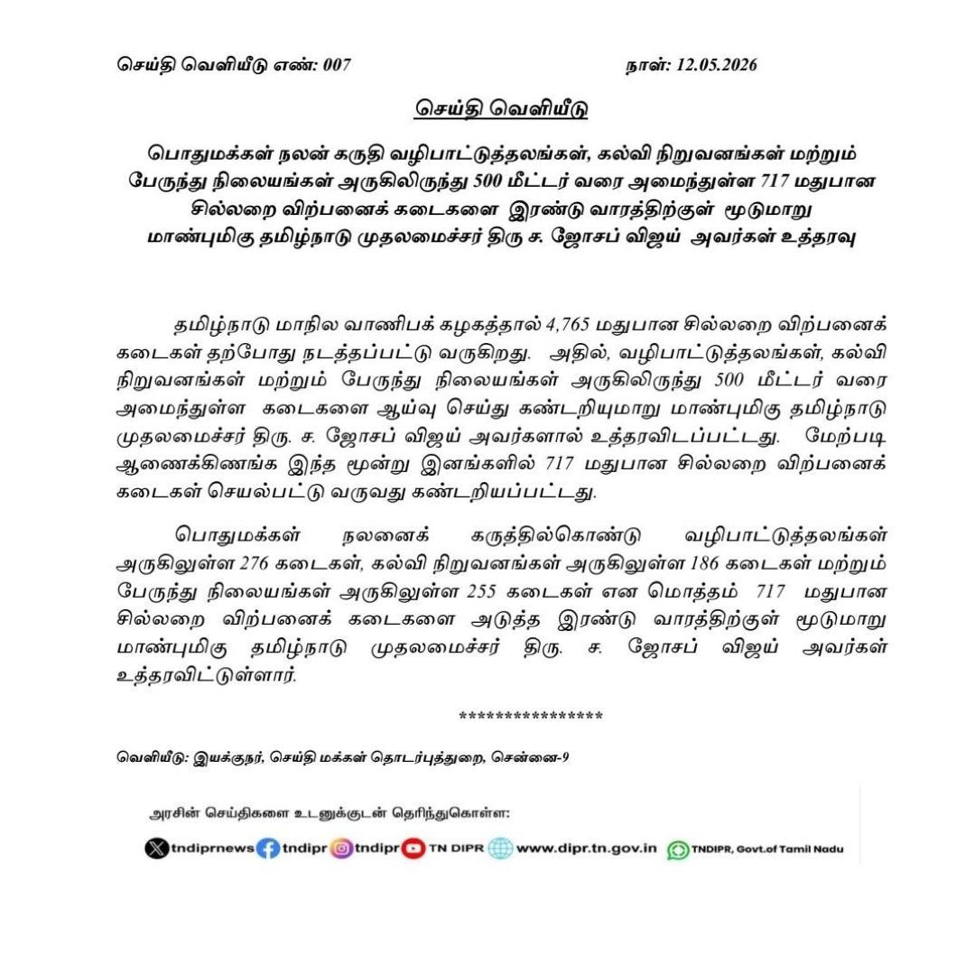 SundharRaagul's tweet photo. மக்களுக்கான அரசின்...
முக்கியமான ஆணை!

தமிழ்நாடு முழுவதும் 717 டாஸ்மாக் மதுபானக் கடைகளை மூட முதலமைச்சர் விஜய் உத்தரவு

வழிபாட்டு இடங்கள் அருகே உள்ள 276, கல்வி நிறுவனங்கள் அருகே உள்ள 186, பேருந்து நிலையம் அருகே உள்ள 255 டாஸ்மாக்குகளை மூட ஆணை
#CMJosephVijay‌  @TVKVijayHQ https://t.co/yKhXgZ9hOI