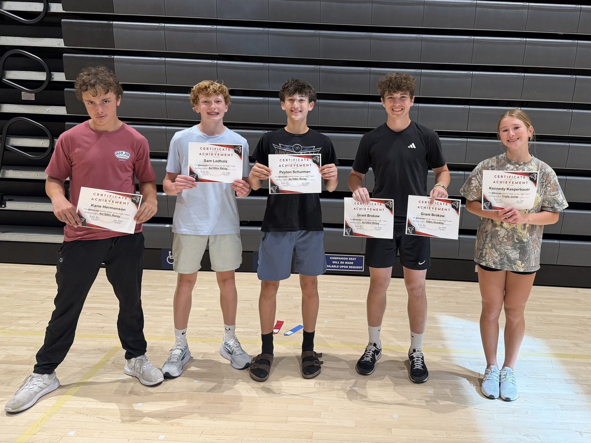 MrsAmberAxline's tweet photo. RECORD BREAKERS!!!! Kane, Sam, Peyton, and Grant broke the 4x100 record, Grant broke the 100m Hurdles record, and Kennedy broke the triple jump record!! Congratulations everyone!!! #dcwest https://t.co/s04nB5wqYd