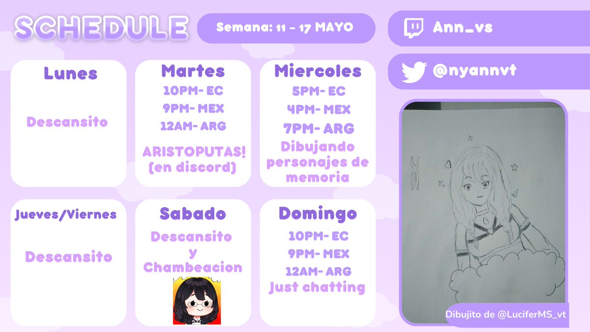 nyannvt's tweet photo. Horario de la semanita! El martes estaré en discord jugando para que papito twich no nos banee XD https://t.co/KuTZGMAOIg