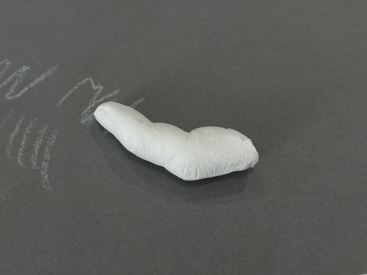 torilogy_'s tweet photo. 自分の指チョーク。
今回作った型取り石膏像の折れた指です。

自分の指で筆記具作るというコンセプトでやれば画材好きさんにもっと刺さったかも。
因みにチョークは白亜を指す語であり石膏ではありませんが、国内に流通する「チョーク」には石膏チョークと炭酸カルシウムチョークが存在します。 https://t.co/9dWuPRxIYi