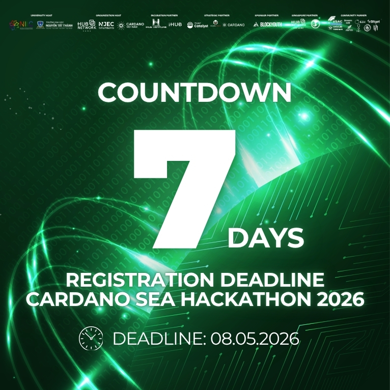 HUBNetworkVN's tweet photo. Cardano SEA Hackathon 2026 | 7 DAYS LEFT UNTIL REGISTRATION CLOSES FOR THE CARDANO SEA HACKATHON 🚨

🔥 If you have a startup idea in the Blockchain field and you and your team have started preparing – now is the time to finalize your application and get ready to submit your idea. Don't let a moment of hesitation turn into regret, when you have everything but miss the most important deadline.

⏳ Time is running out — only 7 days left before the registration form officially closes. The door to the Southeast Asian tech arena is closing, and your chance to become a true "builder" is counting down the hours.

🏃‍♀️ What about those who are still "procrastinating," haven't registered yet, or haven't finalized their ideas? Don't wait any longer! Because in this competition, you need not only a good idea — but also timely action.
----------------------------------
Below is the registration information. Join now!!
𝐂𝐀𝐑𝐃𝐀𝐍𝐎 𝐒𝐄𝐀 𝐇𝐀𝐂𝐊𝐀𝐓𝐇𝐎𝐍 𝟐𝟎𝟐𝟔: 𝐒𝐡𝐚𝐩𝐢𝐧𝐠 𝐭𝐡𝐞 𝐍𝐞𝐱𝐭 𝐒𝐨𝐮𝐭𝐡𝐞𝐚𝐬𝐭 𝐀𝐬𝐢𝐚 Builders
▶️ Official Application Period: 09/04/2026 – 08/05/2026
▶️ Round 1: Idea Proposal (09/04 – 08/05)
▶️ Round 2: Project Submission (12/05 – 17/05)
▶️ Finals: 24-Hour Hackathon + Pitching (26 – 27/05)
Format: Team registration (maximum 4 members) or individual registration
✨ Link to register for the competition: https://t.co/69suMY5NzK

Eligibility:
- All students currently studying at universities and colleges in Vietnam and Southeast Asia.
- Developers and early-stage startups.
- Those with a startup idea that meets the competition criteria, along with ambition and passion, ready to turn their dreams into reality!