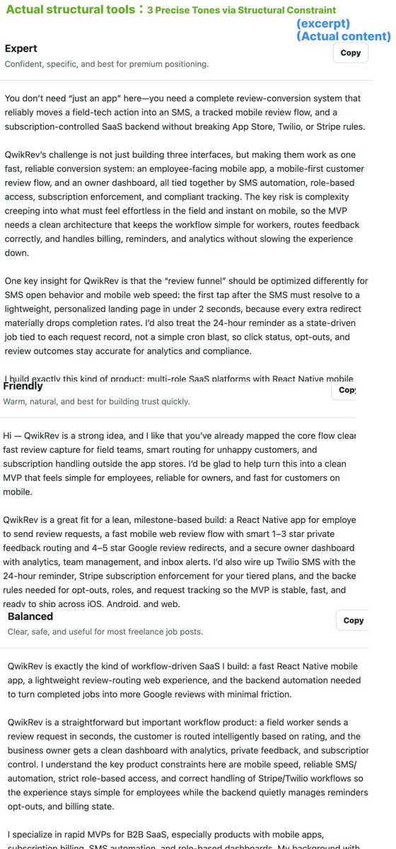 daoctrl's tweet photo. Internal test: Same input (Job Post + Bio). Results are worlds apart when forced through a Structured.

More Stable. Higher Quality. Realistic.
All running on GPT-5.4-mini at $0.02/call.

If a professional proposal costs almost nothing, freelancers have a whole new way to "sell." https://t.co/NRx0NWVuHj