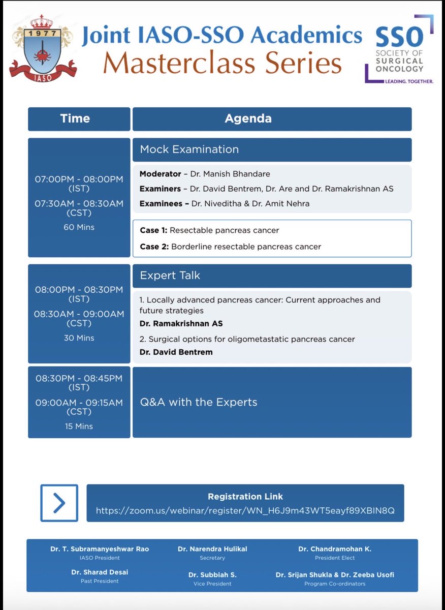 IASOmasterclass's tweet photo. Joint IASO–SSO Masterclass Series
📅 12 May 2026
⏰ 7–9 PM IST

Featuring:
Dr. David Bentrem
Dr. Chandrakanth Are
Dr. Ramakrishnan AS
Dr. Manish Bhandare

Topics:
▪️ Resectable &amp; borderline resectable pancreas cancer
▪️ Locally advanced disease
▪️ Oligometastatic disease https://t.co/bKTrL2czvr