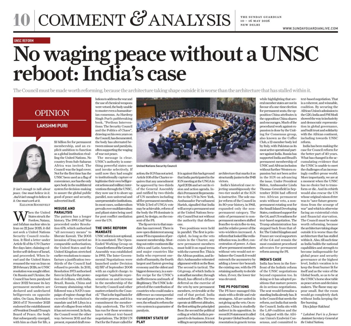 lakshmiunwomen's tweet photo. Diya Jalaye Rakhna!

The UNSC must transform — or risk erasure 

In my latest op-ed in @SundayGuardian, I argue that
The United Nations was created “to save future generations from the scourge of war”. Yet today, its apex body for peace and security governance stands compromised — caught between “misuse and paralysis”, invoked selectively by powerful states and bypassed when inconvenient. The UNSC, I argue, has too often become “a flag of convenience”, while the world steadily moves towards parallel and unrepresentative architectures outside the UN system itself.

At a time when the UN faces an existential crisis and financial starvation, reform is no longer optional. It is essential if the multilateral system is to retain legitimacy, universality and relevance in an increasingly conflict-prone world.

India’s role, therefore, becomes crucial — not merely for itself, but as a voice of the Global South and as a consequential actor in peace and security governance. For, as I write, “the flame may appear small. But the room would go completely dark without India keeping the fire burning.”
Read the full article here:-  https://t.co/MaT7Tvy4GH

@UN @IndiainUN @UN_Women @UNHumanRights @UNDP @IndianDiplomacy @UNGeneva