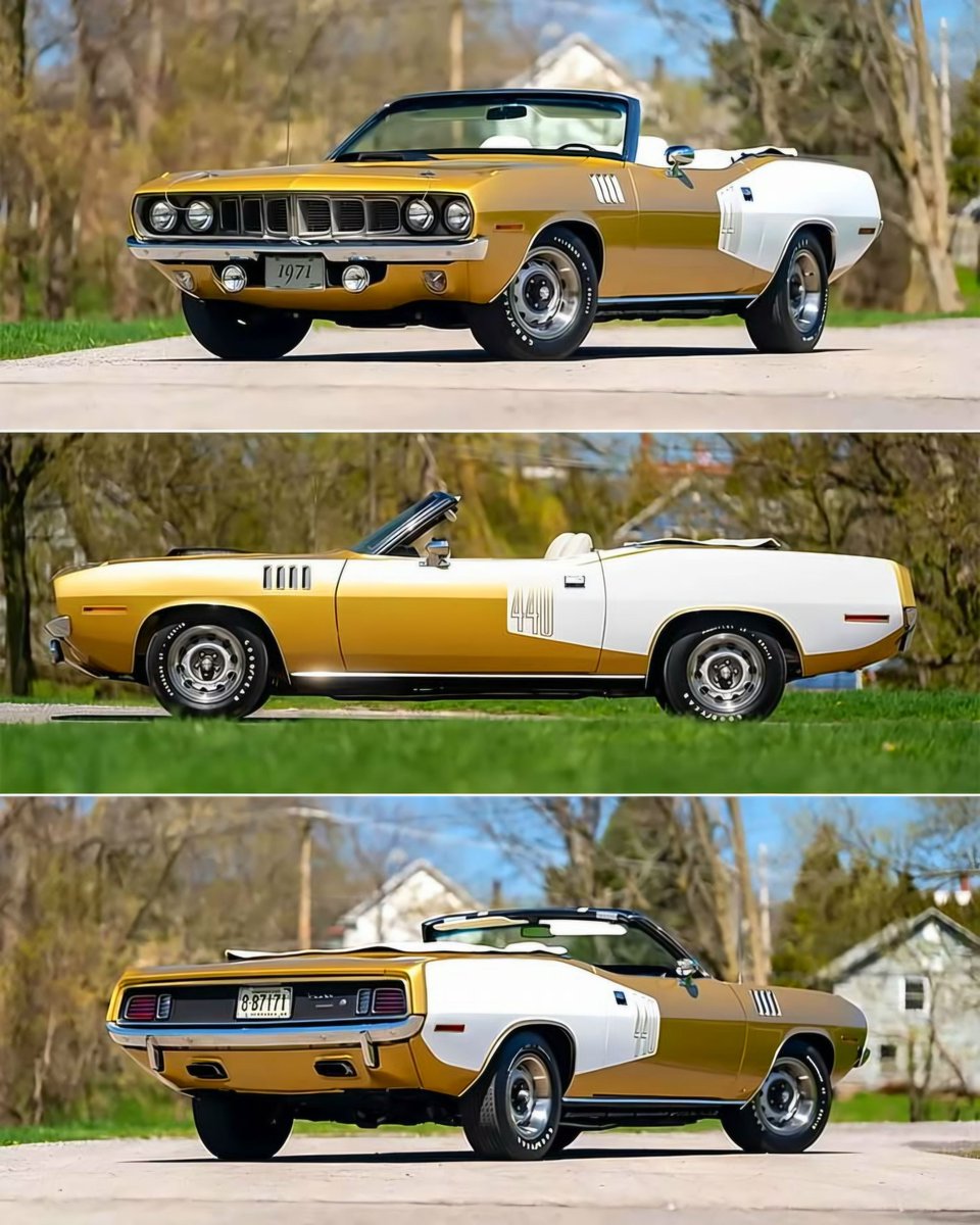 HappyMotorhead's tweet photo. If "loud" were a personality, this 'Cuda would be screaming in 4K. ποΈπ¨
βIs this gold-and-white 1971 Plymouth 'Cuda Convertible a Muscle Masterpiece or Mid-Life Crisis Chic?
Cast your vote: COOL or NOT? π
β#PlymouthCuda #MuscleCars #ClassicCars #Mopar #CoolOrNot https://t.co/7xrqucOMYX