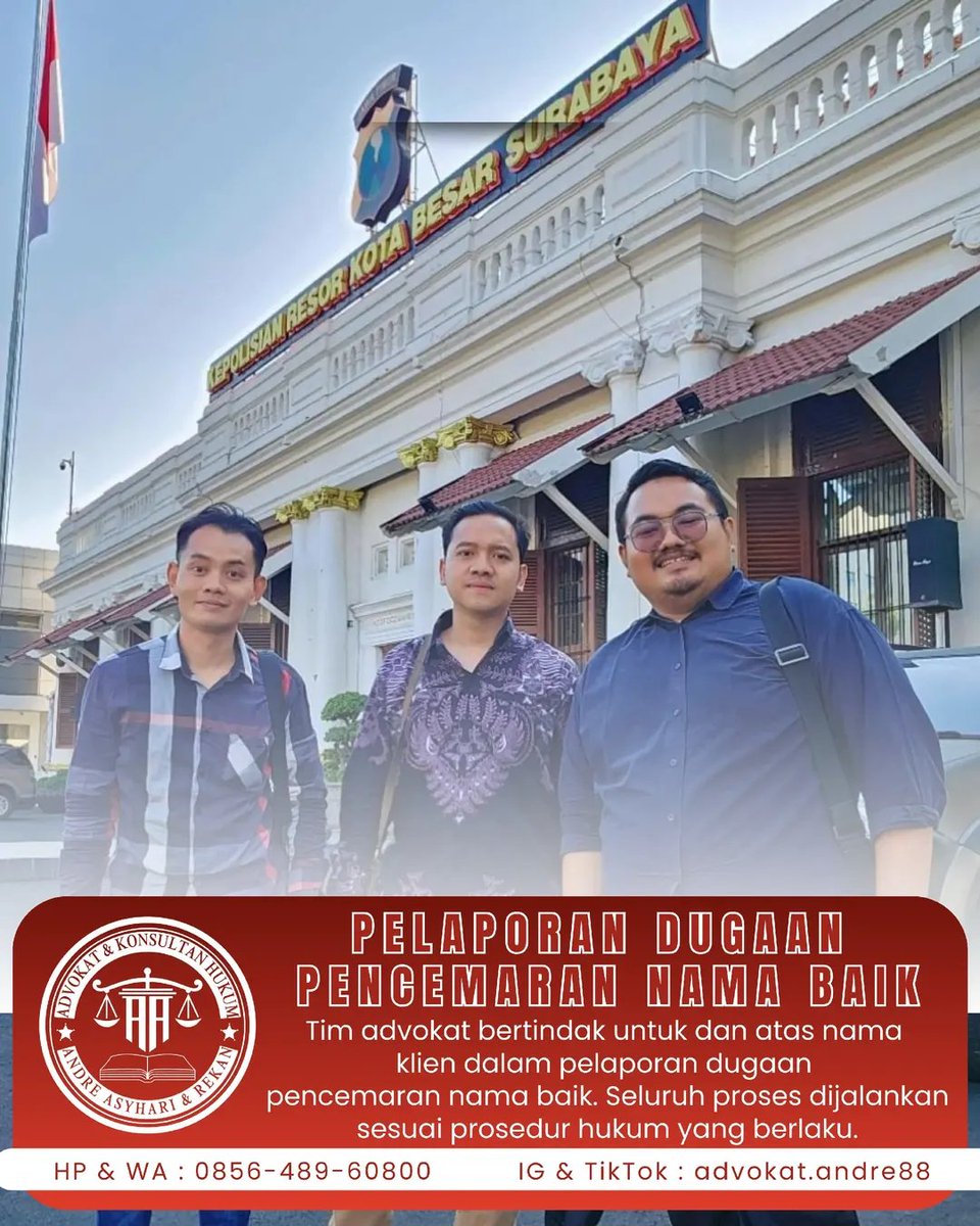 andreasyhari's tweet photo. Pelaporan dugaan pencemaran nama baik telah kami ajukan utk dan atas nama klien. Tim advokat berkomitmen memberikan pendampingan hukum secara profesional dan berintegritas ⚖️

Konsultasi Gratis :
⚖️ Adv. Andre Asyhari, S.Pd., S.H., M.H.
📲 085648960800 
🏢 Pesapen Barat No. 2 Sby https://t.co/1iGKTHbw3Z