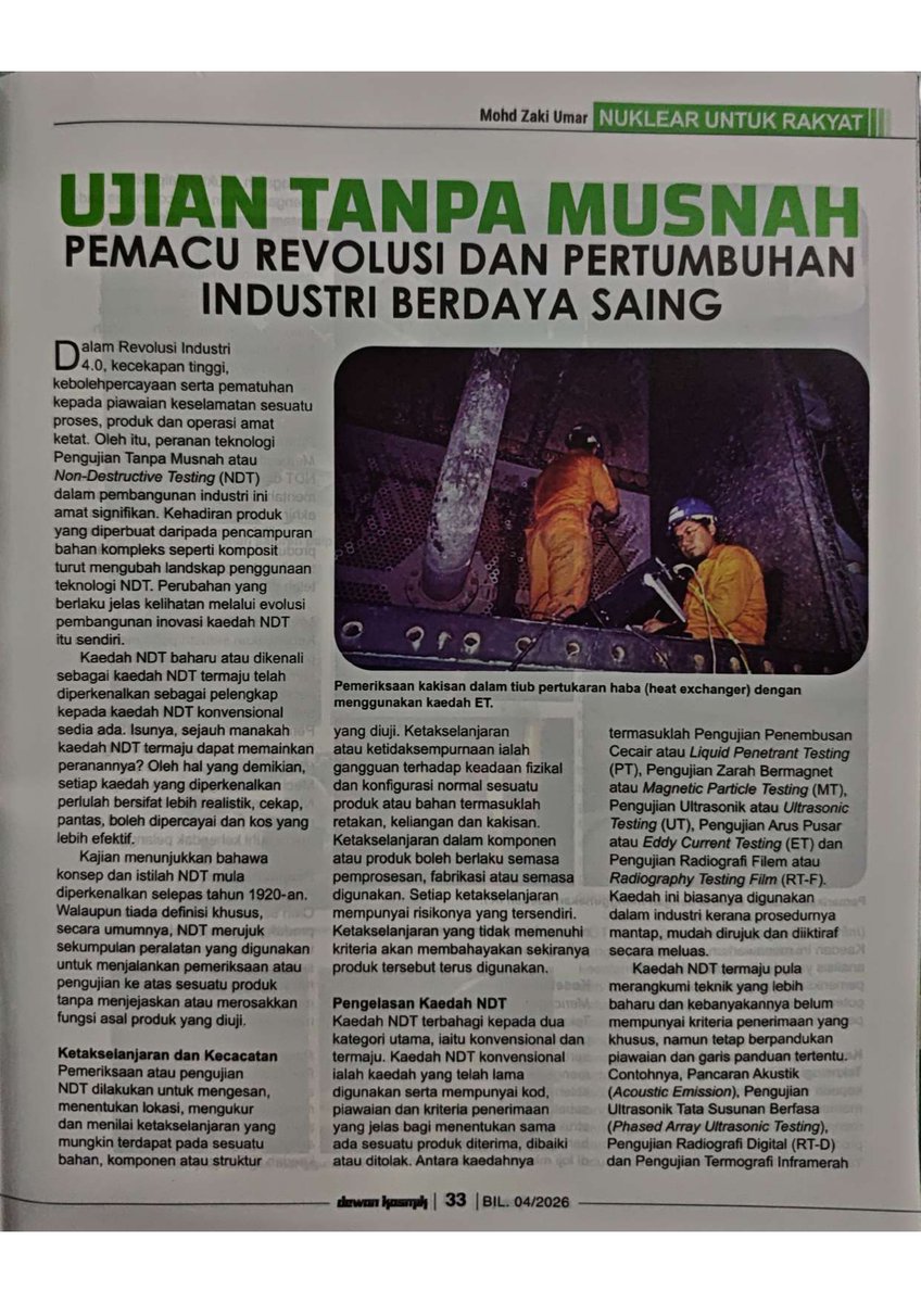 NuklearM's tweet photo. ARTIKEL DEWAN KOSMIK BIL 4/2026 – UJIAN TANPA MUSNAH: PEMACU REVOLUSI DAN PERTUMBUHAN INDUSTRI BERDAYA SAING 

oleh YBrs.  Dr. Mohd Zaki Bin Umar, Pegawai Penyelidik, Bahagian Teknologi Industri (BTI), Agensi Nuklear Malaysia

#agensinuklearmalaysia 
#nuklearmalaysia https://t.co/Oakcu5XZOh