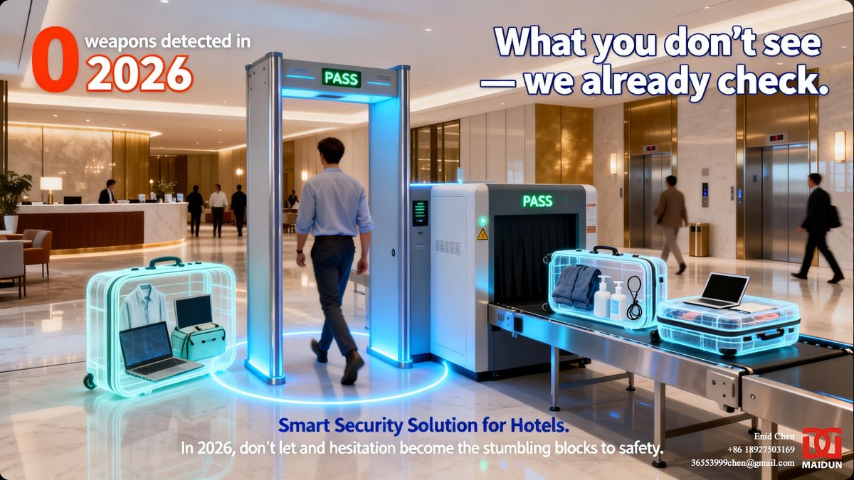MaidunSecurity's tweet photo. Hotels: secure your lobby like an airport, but keep the vibe. Metal detector + X-ray. That's it. 
#HotelSecurity #SecuritySolution #SecurityTech #TechThatSeesAll #Maidun #handheldmetaldetector #metaldetector #walkthroughmetaldetector #xraybaggagescanner #securitysolutions https://t.co/DHHxNITftg