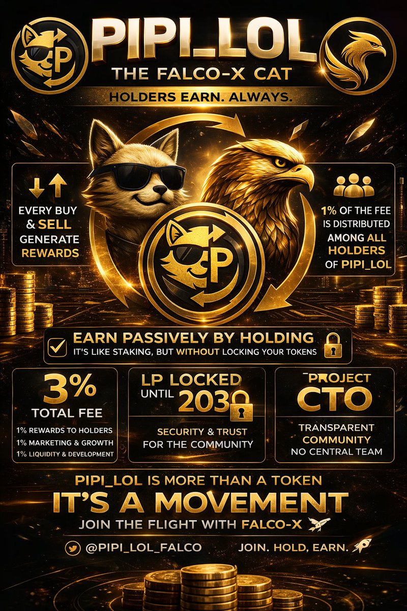 FalcoX_Corp's tweet photo. They laughed at the dog.
Then the dog changed everything.
Now… the cat is watching. 🐈‍⬛👁️

No staking.
No begging for rewards.
Just hold… and watch the system feed its believers.

1% flows back to the holders.
LP locked until 2030.
CTO. Community decides the future.
The eagle saw it first.
Soon… everyone else will too. 🦅
$PIPI_LOL is not here to compete.
It’s here to replace the narrative.

#PIPILOL #FalcoX #Memecoin #Crypto #Altcoins #CTO #DeFi #CryptoCommunity #Solana #Ethereum #BSC #100xGem #GemAlert #MemeCoinSeason #HODL #PassiveIncome #BullRun