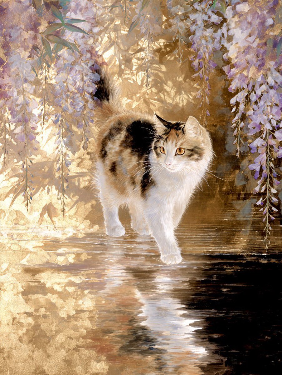 緑の木と三毛猫さん 日本画風。 藤の花はシャンデリアのように華やかに 金と黒を基調とした