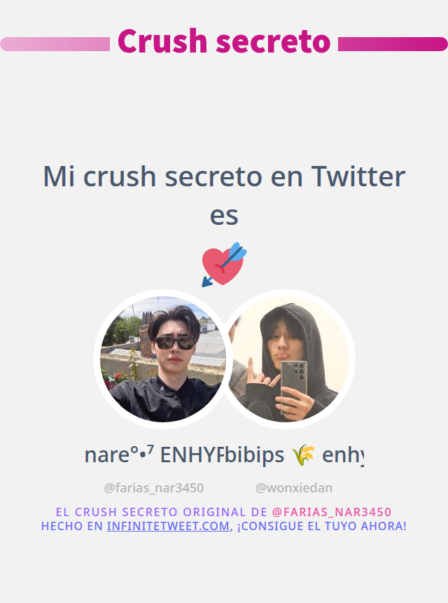 Mi crush secreto en Twitter es <a href="/wonxiedan/">bibips 🌾 enhypen is seven</a>

➡️ infinitetweet.me/secret-crush?l…