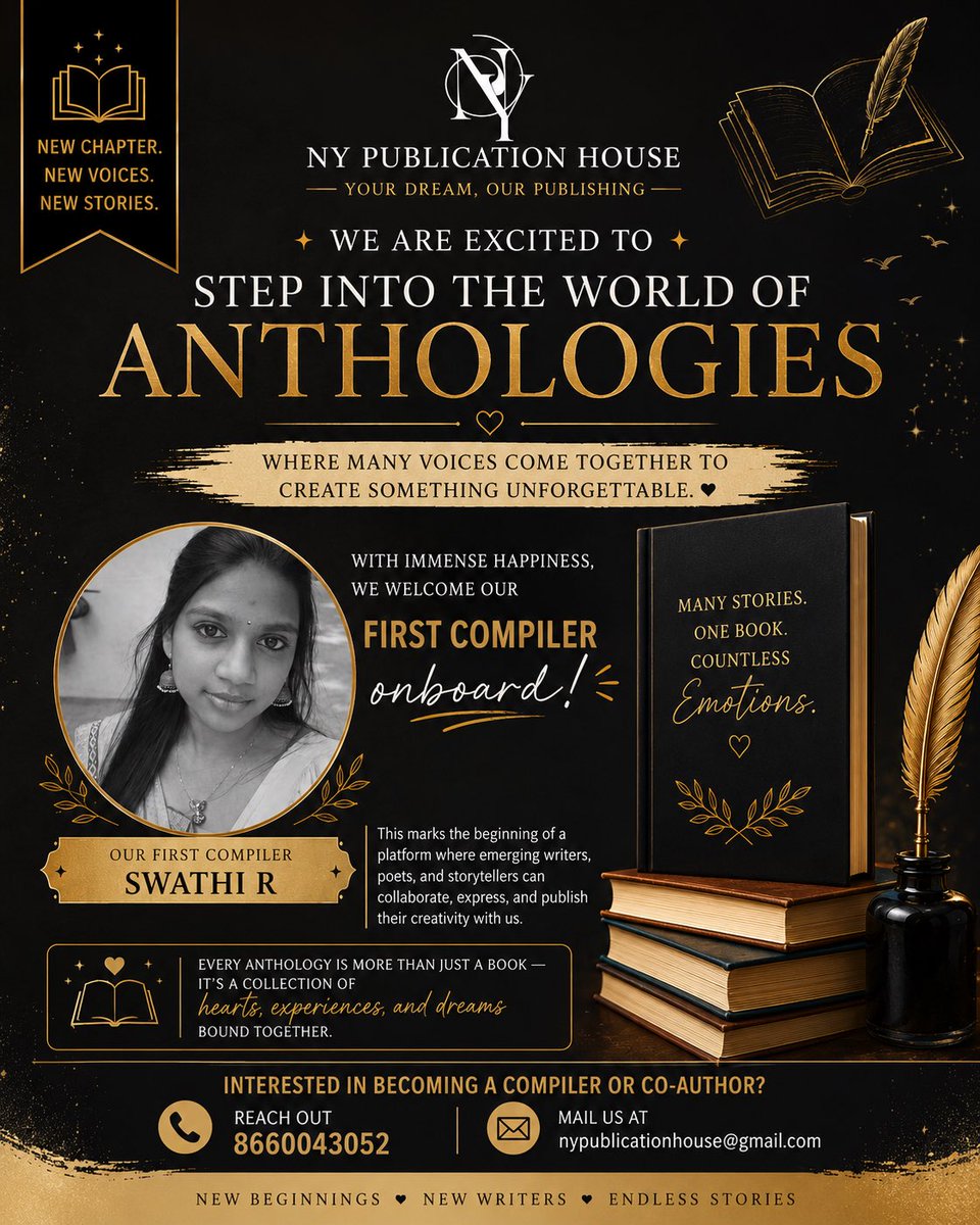 NY_Publication's tweet photo. ✨ A New Chapter Begins at NY Publication House ✨

#Anthology #Compiler #SwathiR #NYPublicationHouse #WritersCommunity #BookPublishing #CoAuthors #WritersOfInstagram https://t.co/OEL4R7q9hp