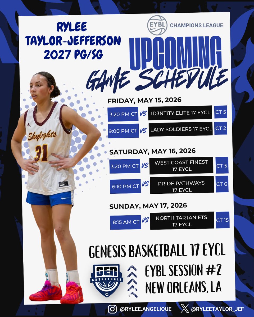 RyleeTaylor_Jef's tweet photo. New location, same goal 💯

Compete ✅ Reflect ✅ Improve ✅ 

EYBL Session #2 📍New Orleans

Schedule below ⬇️

#recruit #2027Guard #EYCL #NewOrleans @GenesisBBall @NikeGirlsEYBL https://t.co/uzSBzadj5W