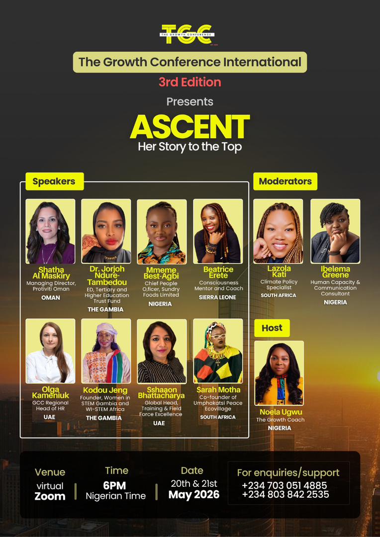 noelaugwu's tweet photo. I am super excited to unveil the speakers for the 3rd annual The Growth Conference International (TGCi).

This will be a story-telling experience by women who didn't just climb but opened the doors for others on their way up. 

Listening to their diverse journeys will help you realise that there is no single way to succeed, and that you can as well shape a path that fits your strengths, values, and context; just like they did. 

 This is a career and life transforming event, so do not attend alone. 

 DATE : May 20 & 21, 2026
 TIME : 6:00pm (Nigeria time)
 VENUE : Zoom

Share this with other women in your circle. 

Click to join our exclusive delegates.:
https://t.co/QPLo18wi4o

 Noela Ugwu
The Growth Coach
Founder, The Growth Conference