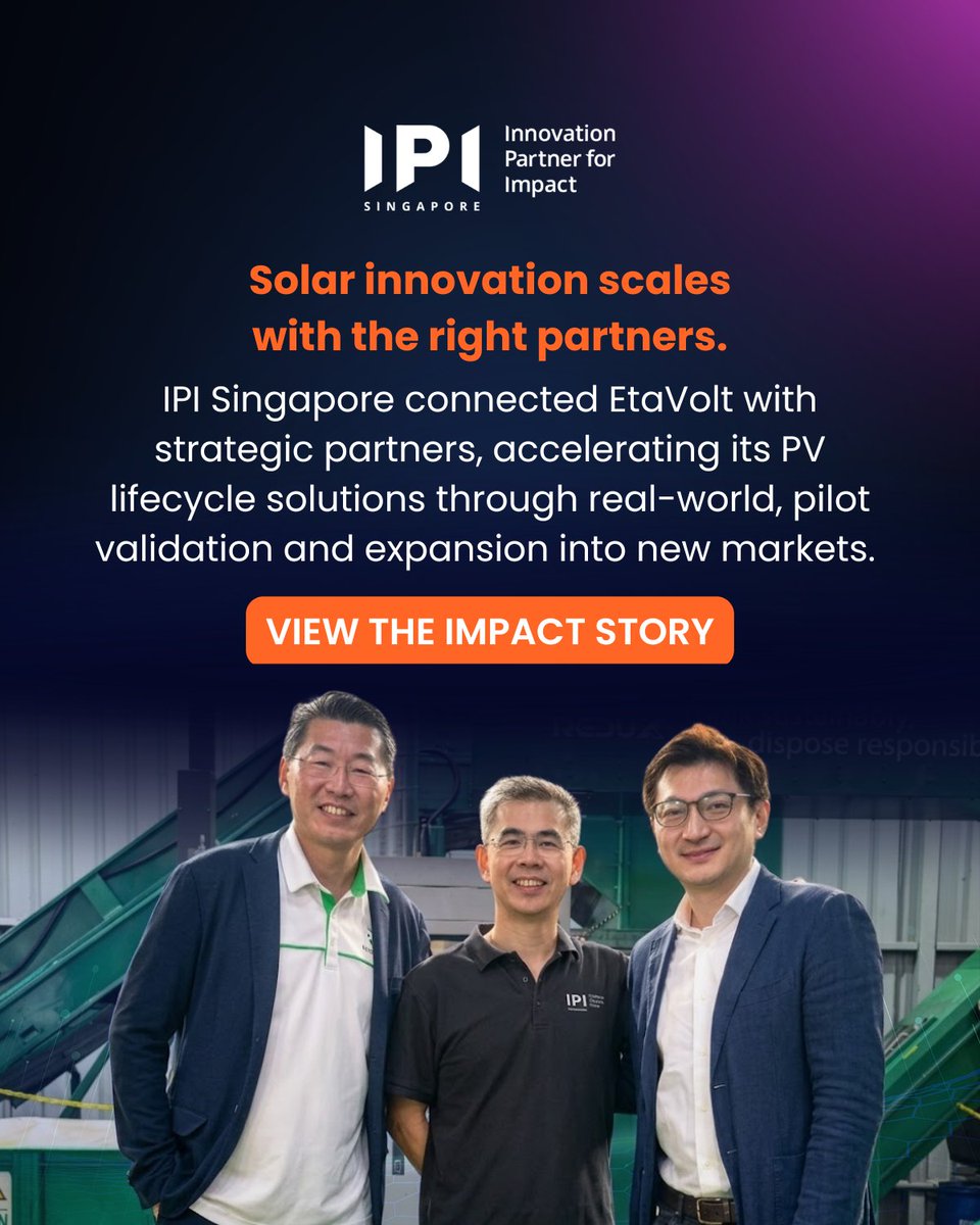 ipisg's tweet photo. Solar innovation scales with the right partners.
With IPI Singapore, EtaVolt connected with strategic partners to accelerate PV lifecycle solutions, enabling real-world pilot validation &amp; expansion into new market opportunities. Learn more: https://t.co/PNUbbOayZ0

#IPISingapore https://t.co/Ed7a9FWBt0