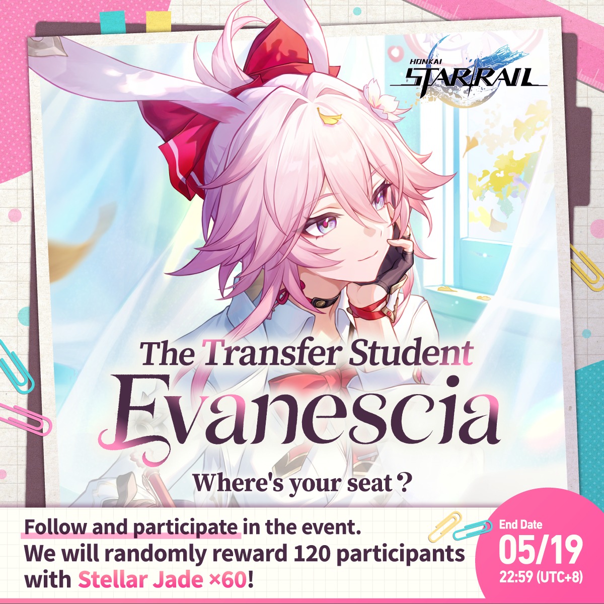 [Write your greeting to Evanescia here]
 
Find your seat at #TransferStudentEvanescia 📖
&amp; Win Stellar Jades 🎁!
 
Redemption Code: hoyo.link/FsWDSHckT
<a href="/honkaistarrail/">Honkai: Star Rail</a>