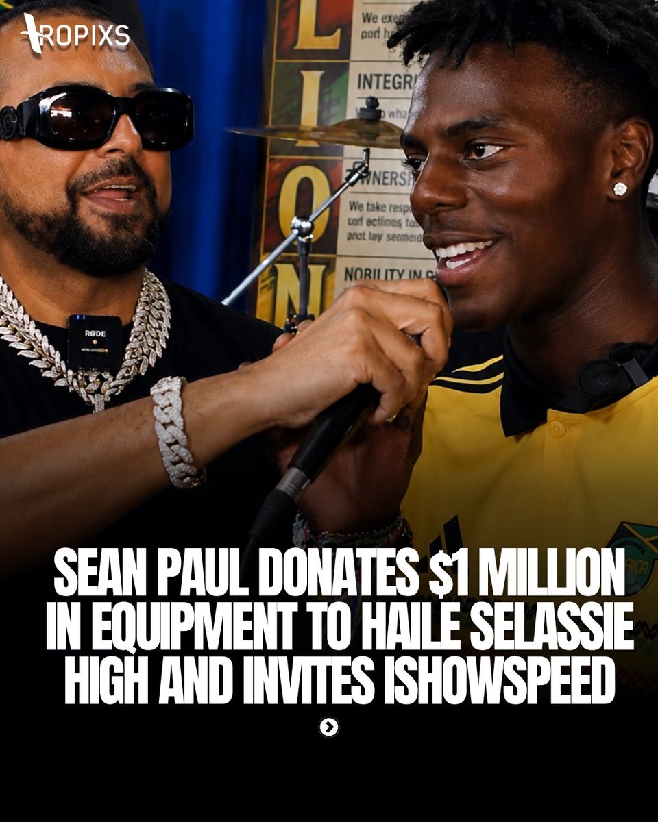 Tropixsofficial's tweet photo. Sean Paul donated JM$1 million worth of musical equipment to Haile Selassie High School through the Sean Paul Foundation, with IShowSpeed joining him during the special visit in Jamaica. https://t.co/OaBw8ArMZs