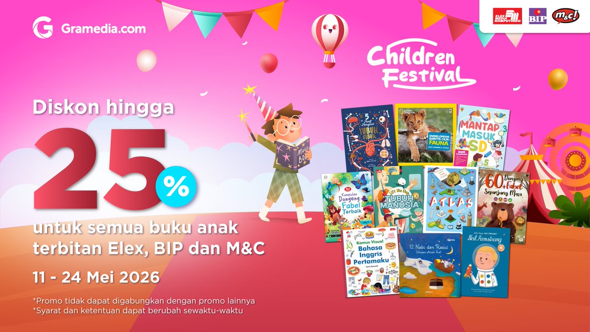 gramediadotcom's tweet photo. Special Offer Children Festival🎈
📅 11 - 24 Mei 2026

Diskon 25% untuk semua buku anak terbitan Elex, BIP dan M&amp;C✨

🔗https://t.co/NWpamquLDd

#Gramedia #TumbuhBermakna https://t.co/8vpcsyvWNP