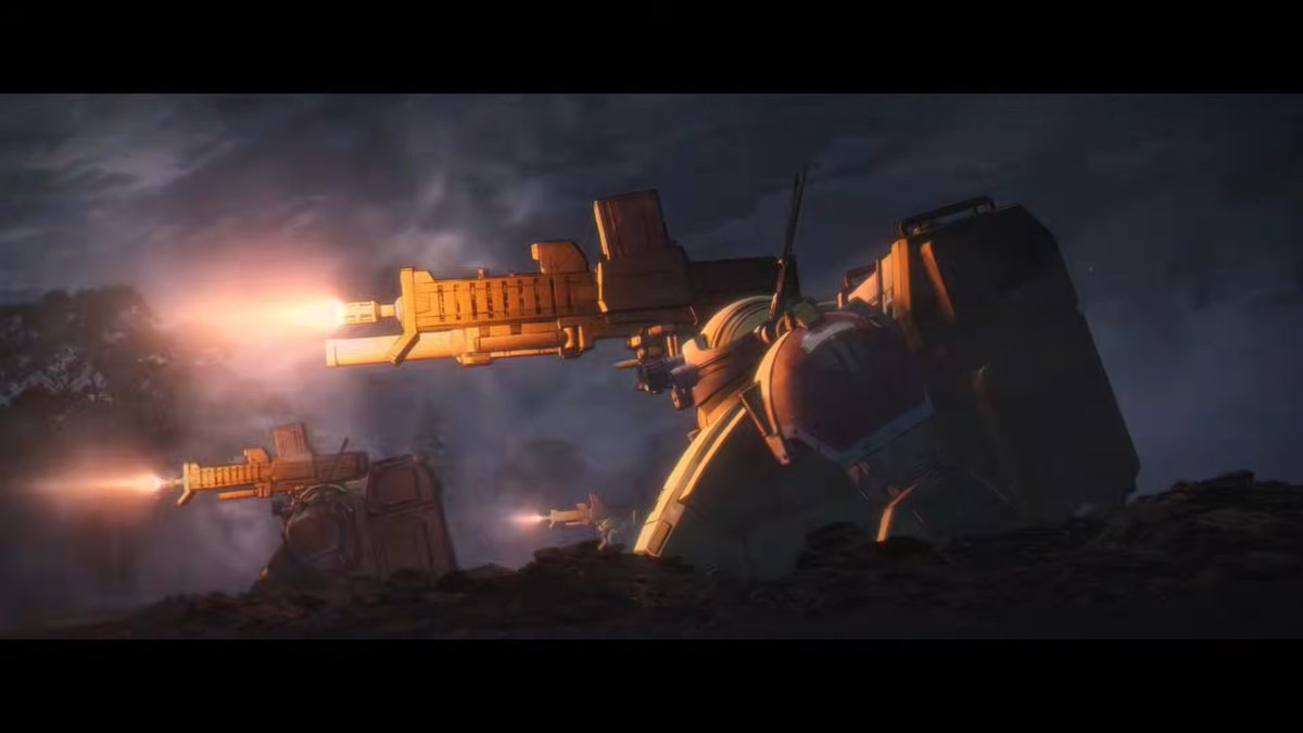 Gee0Man's tweet photo. New Oshii Votoms teaser looks good but what instantly got me is the bit where they draw their back mounted weapons and fire by inverting their arms 180 degrees. Great acknowledgement of the mech as human proxy adapted to be a better weapon than the human body was ever intended. https://t.co/qxhhpQLUFJ