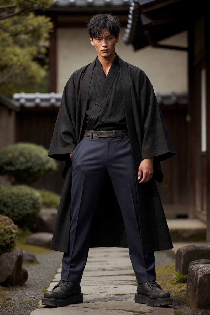 Aether_veil4u's tweet photo. Sharp fusion style Modern black haori with dramatic wide sleeves and subtle mon crest.Paired with tailored wide-leg navy pleated trousers, a clean leather belt, and chunky black derby boots for that perfect balance.#MensFashion #JapaneseInspired #HaoriStyle #ModernSamurai https://t.co/8U4CddaC7v