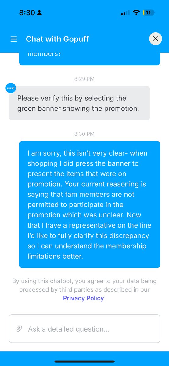 BraydenHade's tweet photo. @gopuff Pretty frustrating experience with Gopuff support tonight.

I purchased items directly from a “Buy 1, Get 1 for 5¢” promo page and was charged full price. During support, I was given multiple conflicting explanations, and none seemed to be accurate. Ending my service. https://t.co/CynGUgbhLU