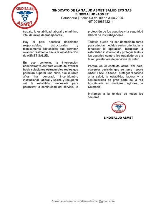 SINDISALUD's tweet photo. 📢 Desde SINDISALUD ASMET, frente a la Resolución 149 de 2026 que prorroga la intervención de ASMET SALUD EPS, reiteramos la necesidad de garantizar la continuidad del servicio y la estabilidad laboral.

#ASMETSALUD #SINDISALUD https://t.co/Kr25QolyUH