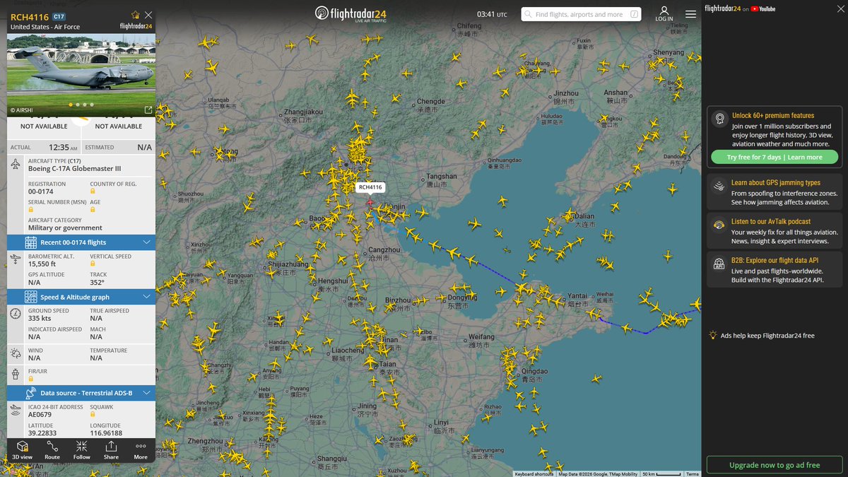 AIYeyENGDdJkjTr's tweet photo. May 12, 2026
#Joint Base Andrews #Anchorage #Misawa Air Base #Beijing, China #Misawa Air Base ==> #Beijing, China

#RCH4116 / #RCH4565 #AE0679 USAF C-17A Globemaster III https://t.co/kooXoXPVBK
