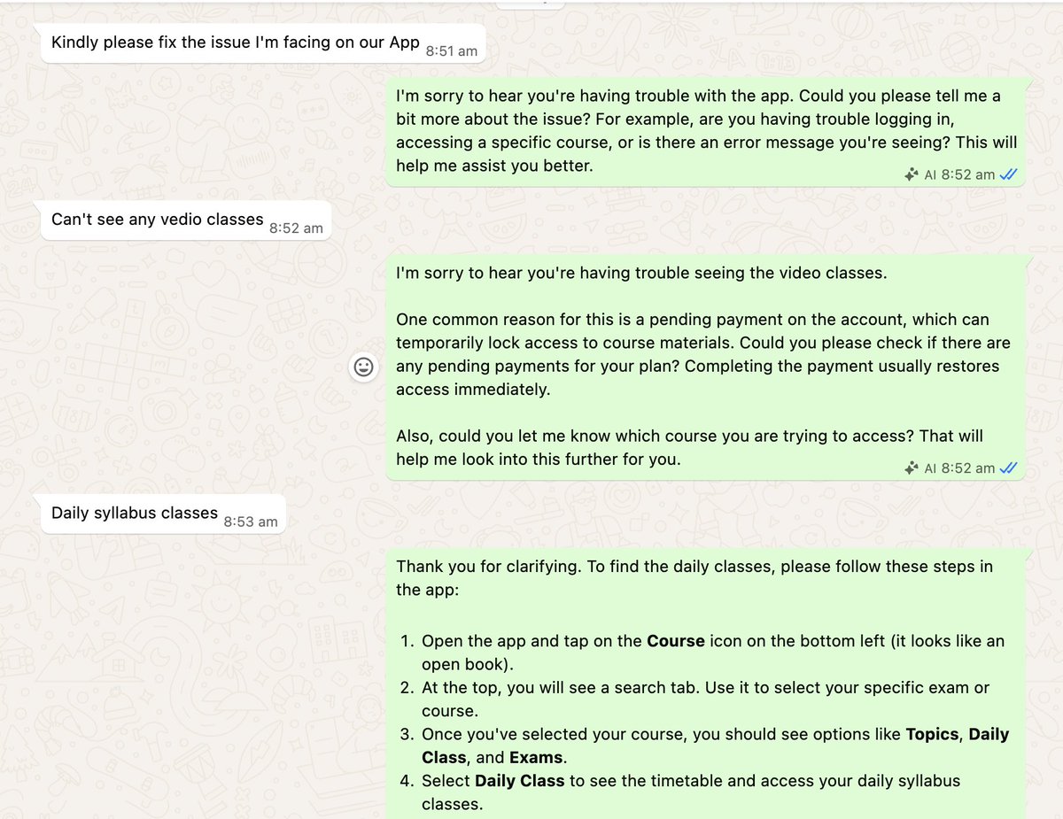 haseebp's tweet photo. "WhatsApp Business AI" feels straight up magical.

It studies your past chats, learns how your team replies, and answers customers in the same tone. Saw it handle a student's "can't see video classes" query end-to-end this morning. No human in the loop.

Wild times. https://t.co/rgAsiT7vJW