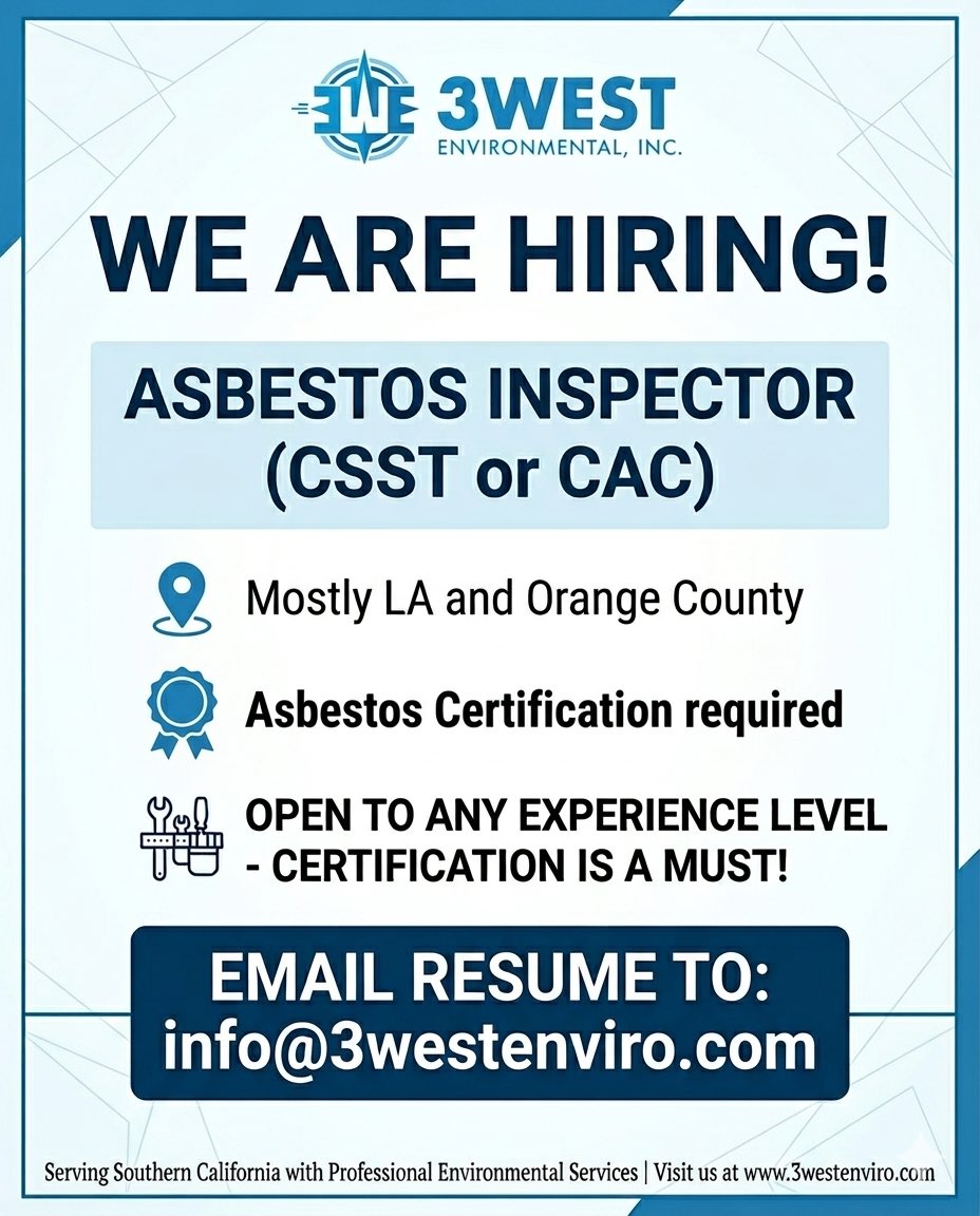 3westenviro's tweet photo. Hiring: Asbestos Inspectors
3West Environmental is expanding! We are looking for certified professionals to join our team serving Los Angeles and Orange County.
Send your resume directly to info@3westenviro.com
#AsbestosInspector #CSST #CAC #HiringLA #EnvironmentalJobs https://t.co/s92fNisNWb